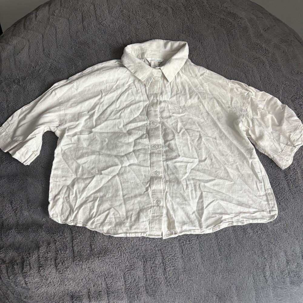 H&M Women's Linen Blend Button Down Shirt Short Sleeve Coastal White Size L